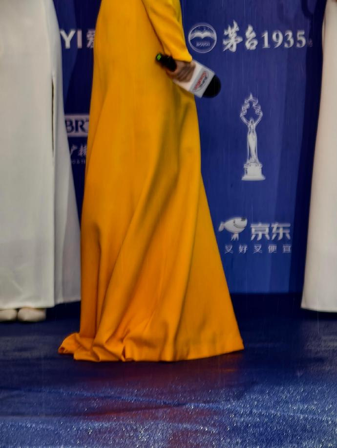 北影节主持人裙子 吸雨变色 北影节的雨有多大？眼睁睁看着女主持的裙子从明黄色变成