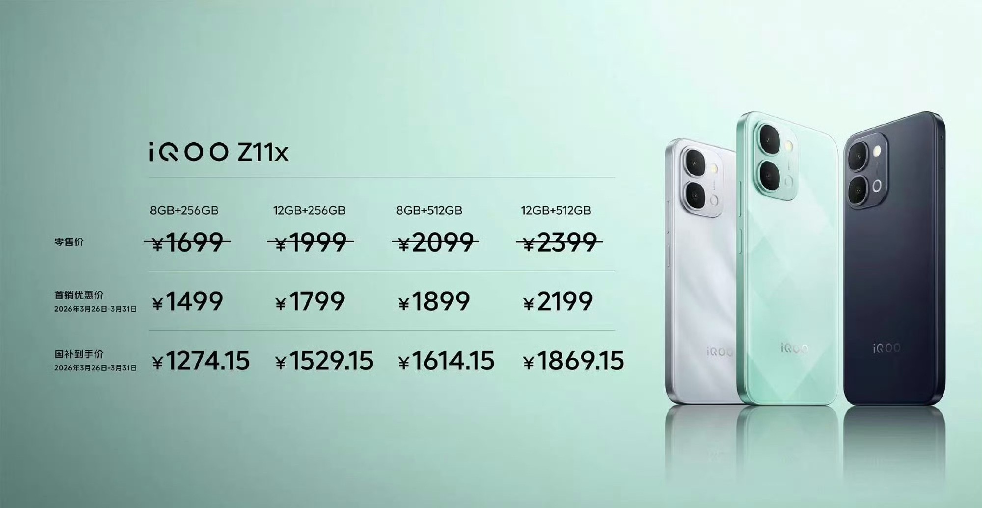 iQOO Z11 价格公布，2299元起，首销优惠价1999元起，国补到手价16