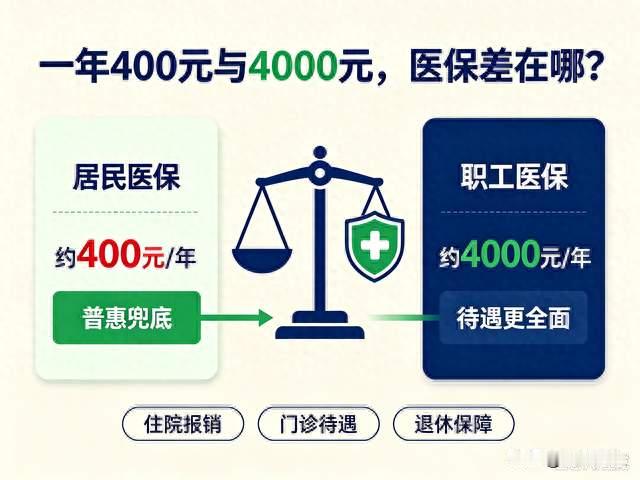 很好奇，居民医保一年400元，职工医保一年4000多，到底差在哪？