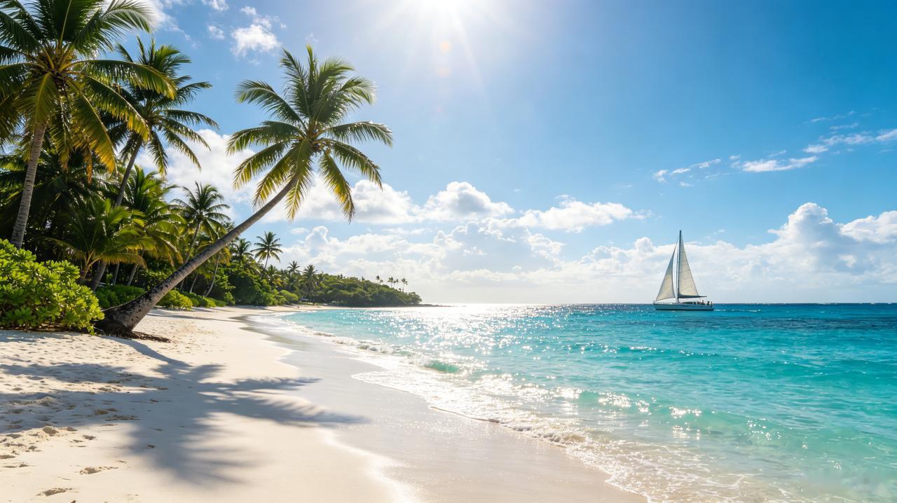阳光洒满的沙滩，碧海蓝天，帆船悠然，度假胜地等你来！🏖️🌊🛶