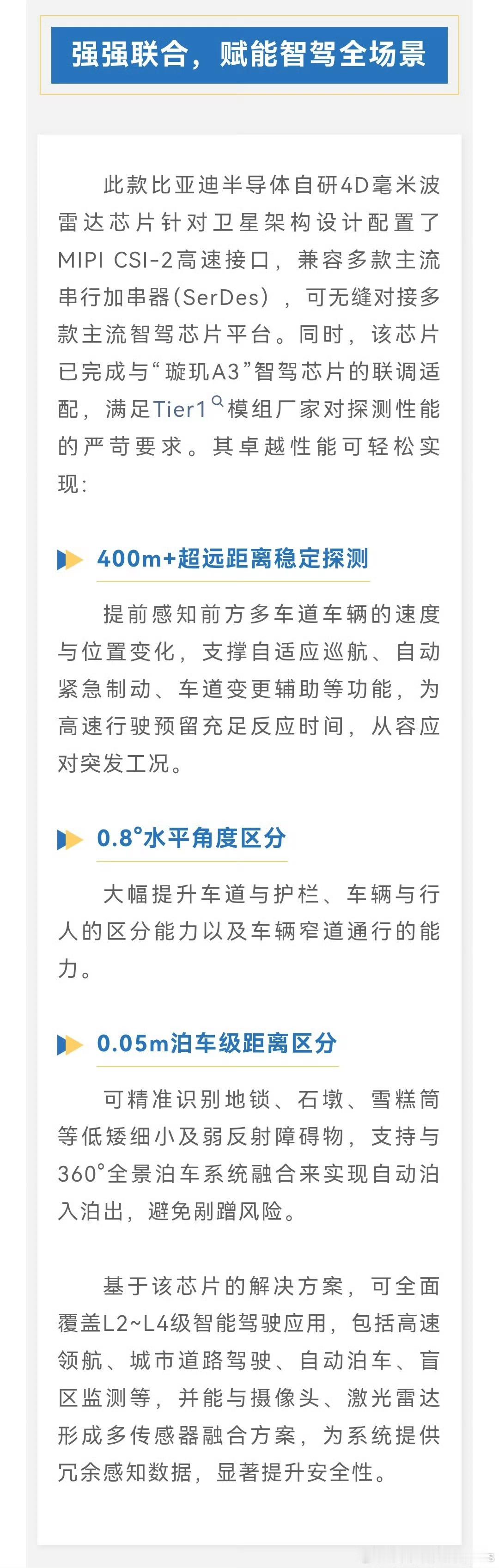 比亚迪[超话]4D毫米波雷达芯片也自己做了，8T8R单芯片，绑着自家璇玑A3，马