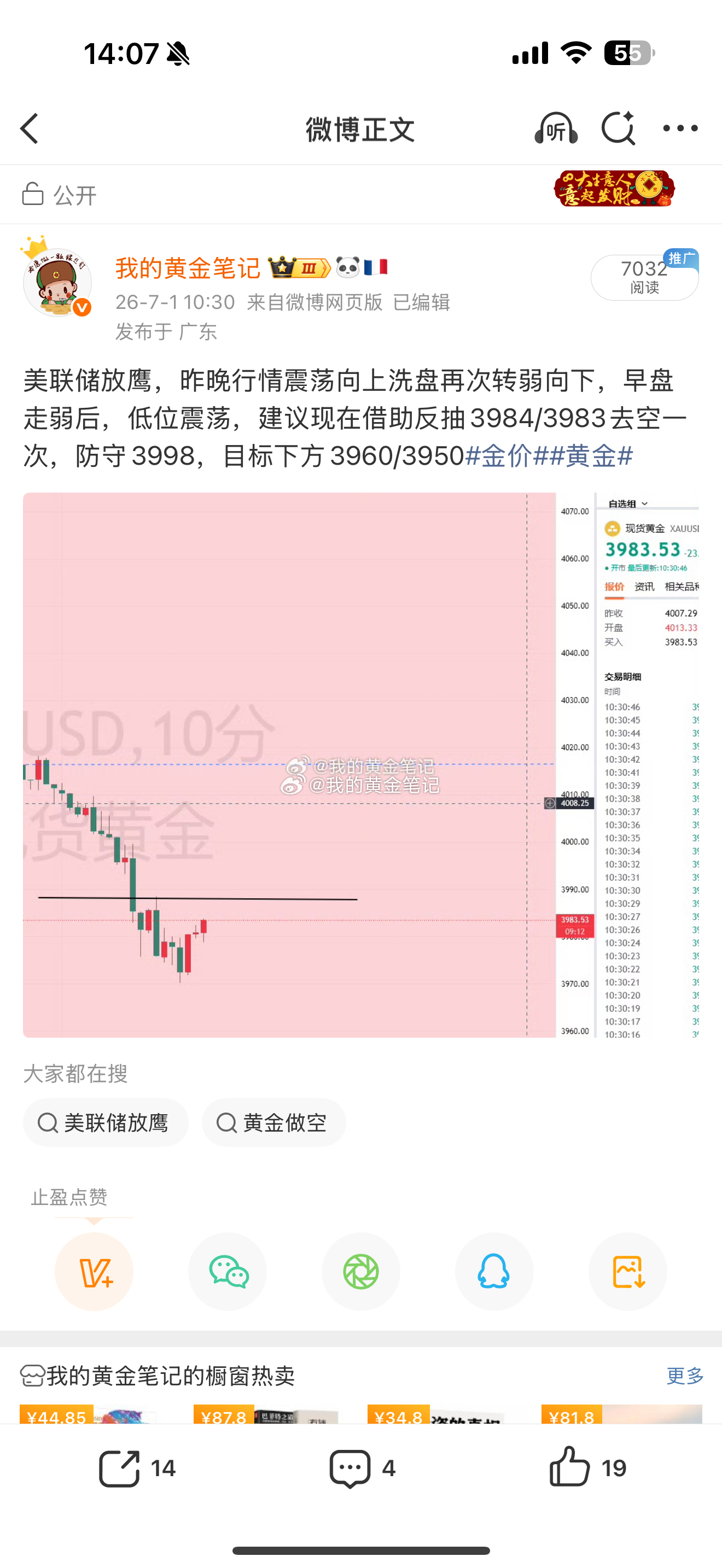 黄金3984做空，现在大跌3964止盈，给力黄金金价