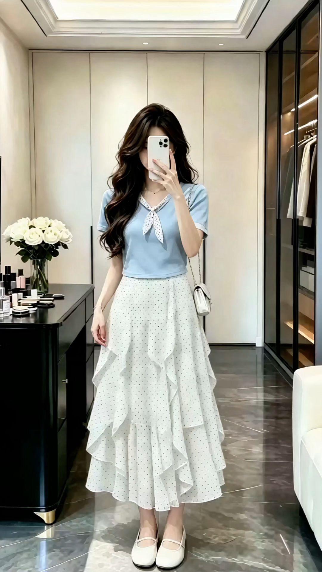 女生不费力的夏季穿搭 夏季穿搭公式 女生穿搭 女生穿搭日记 蓝色上衣搭配白裙