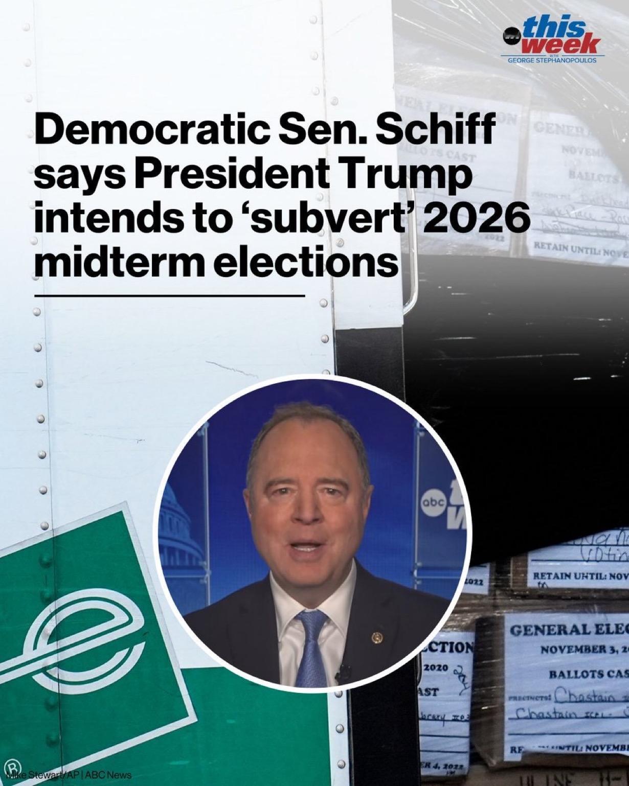 美国加州民主党参议员亚当·希夫周日警告表示，如果共和党在2026年中期选举中失去