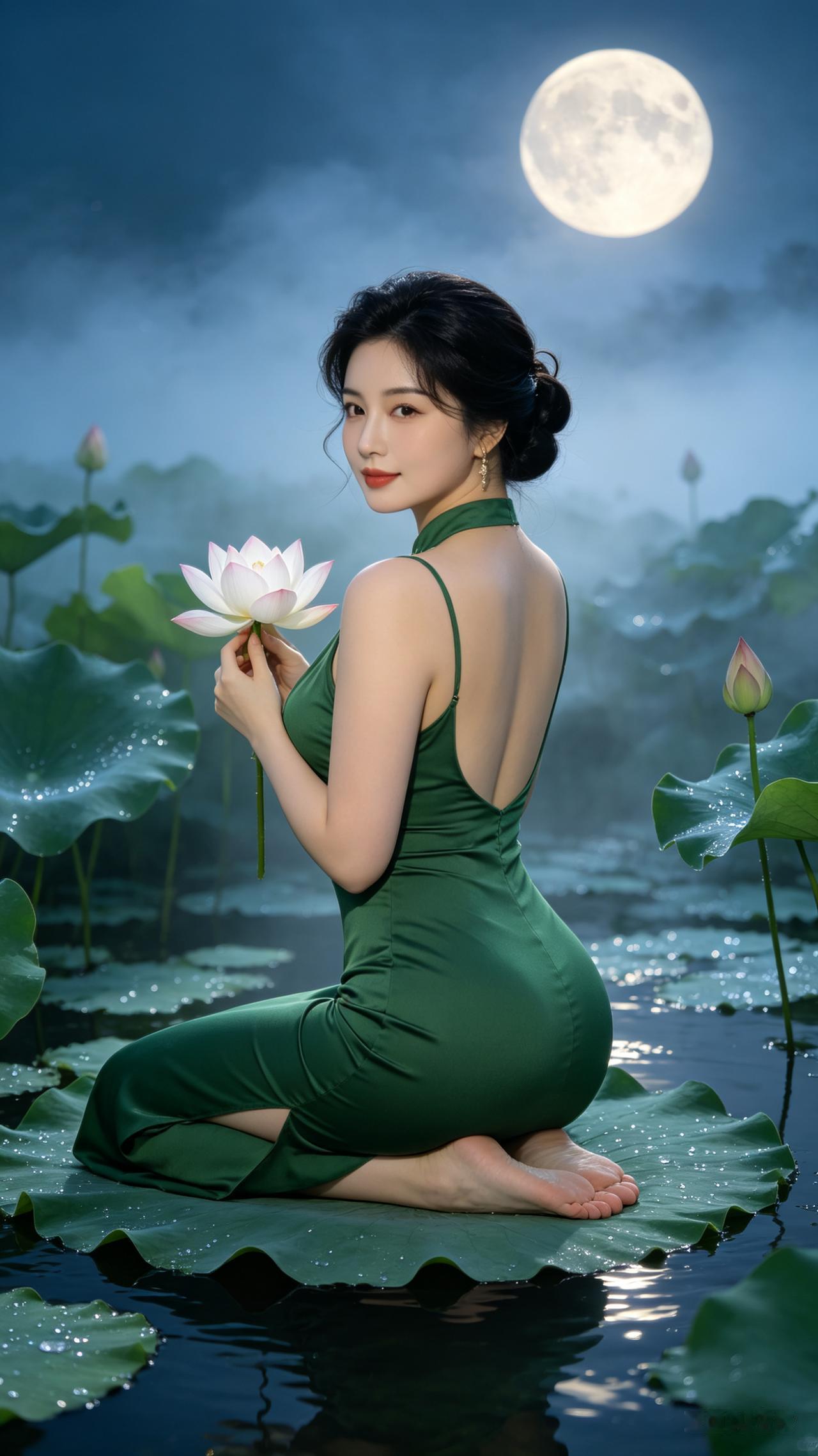 美人梳精致复古盘发，身着露背绿色修身长裙，丰腴身姿光脚盘腿端坐硕大荷叶上，手轻托