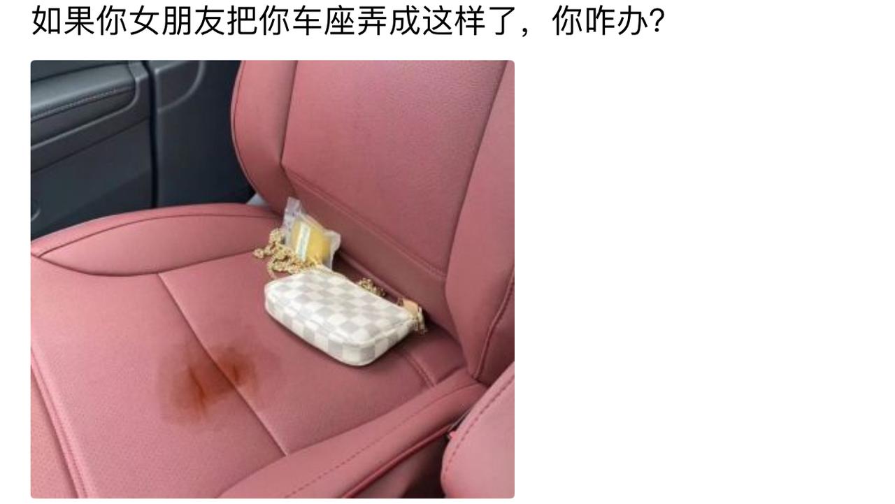 刚提的轻奢红内饰新车，转头就看见副驾染上一大片尴尬污渍，罪魁祸首还把名牌小包随意