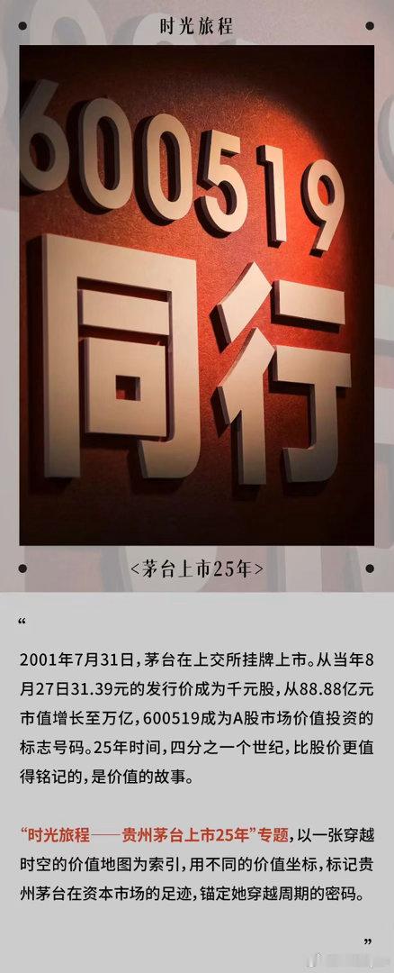 2001年7月31日，贵州茅台登陆上海证券交易所。25年过去，茅台市值增长超过1