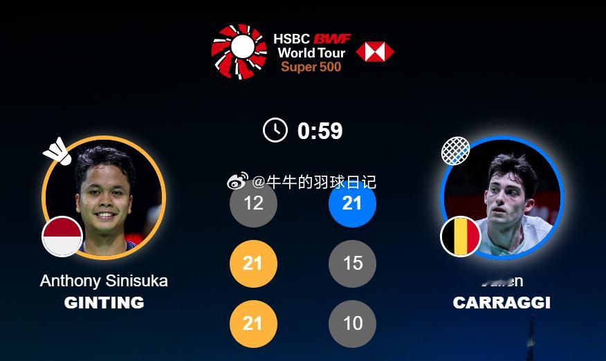 男单 1/16赛 金廷 12-21 21-15 21-10 朱利安2026年印尼