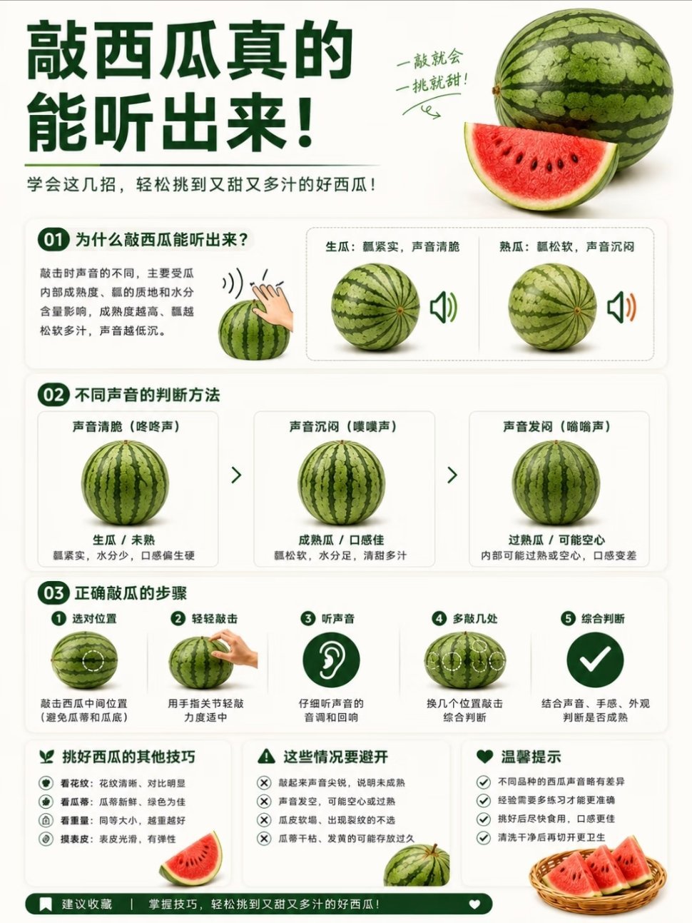 挑西瓜时拍几下的意义拍打时咚咚响的西瓜更好吃听声辨瓜：声音里的秘密拍打西瓜，是在