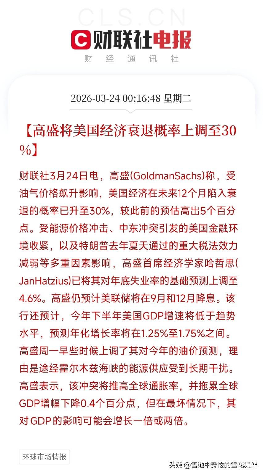 高盛把美国衰退概率调到30%！释放什么信号？

今天凌晨，高盛发出一份重磅报告：