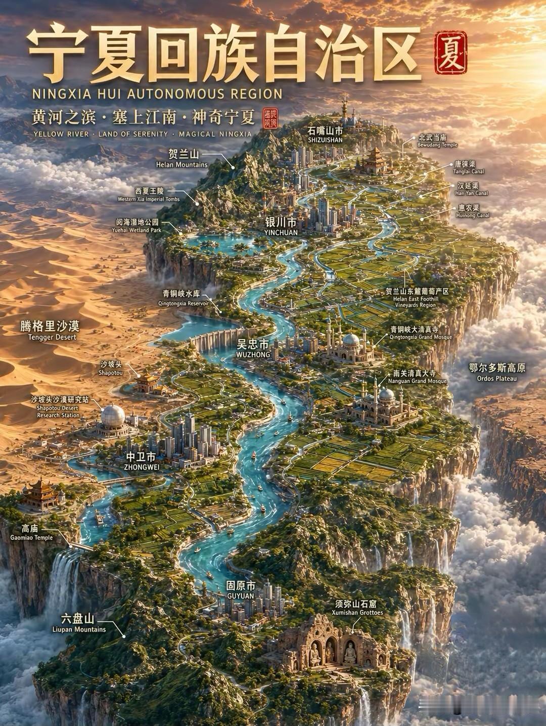 宁夏的地形真的是把“小而全”玩明白了，全境处在黄土高原和内蒙古高原的过渡带，凑齐