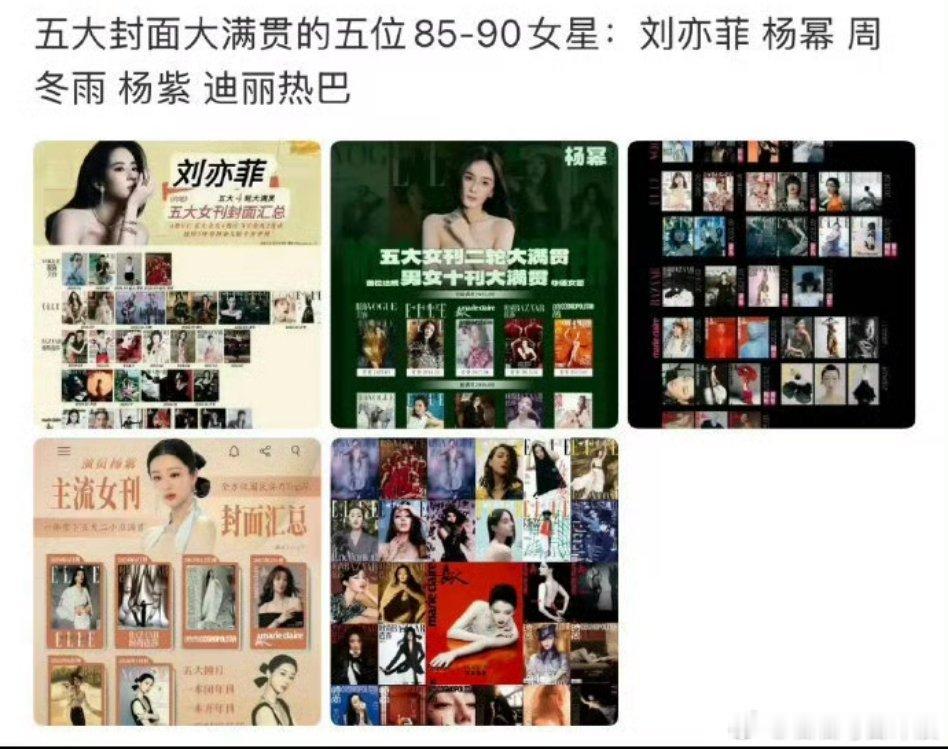 网友总结的时尚杂志五大满贯女演员：刘亦菲、杨幂、周冬雨、杨紫、迪丽热巴。 
