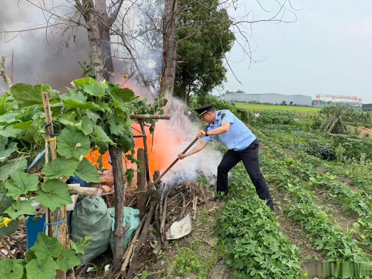 嘉兴南湖党员就地取材扑救火情6月29日下午17时，嘉兴南湖区湘家荡巡逻时突遇火情