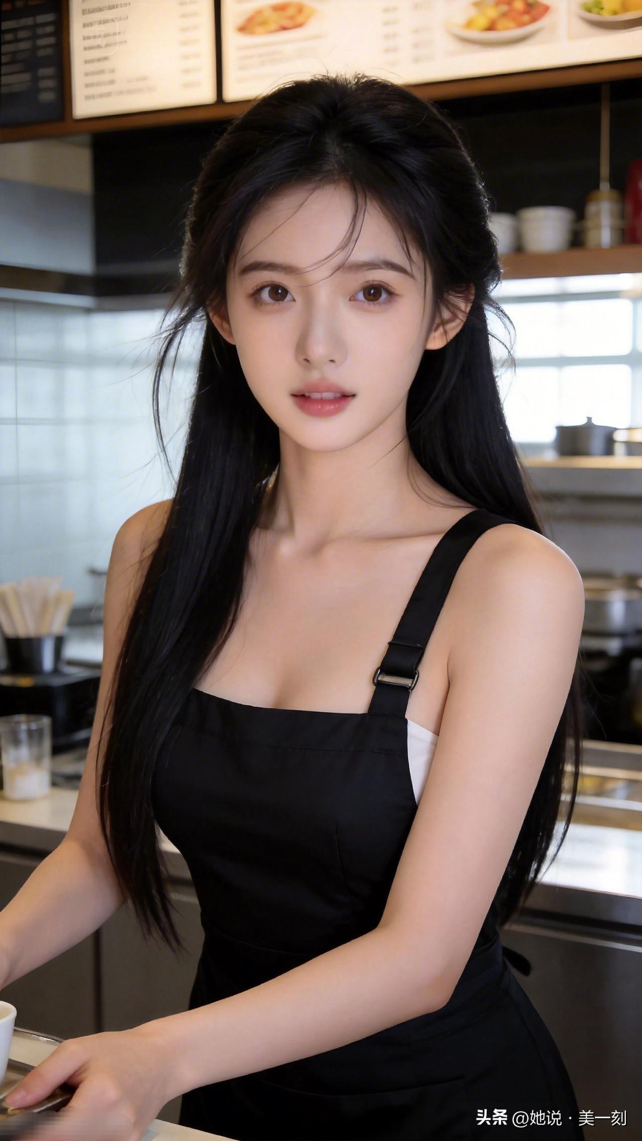 咖啡馆里的小清新，黑裙少女，甜美可人！💕