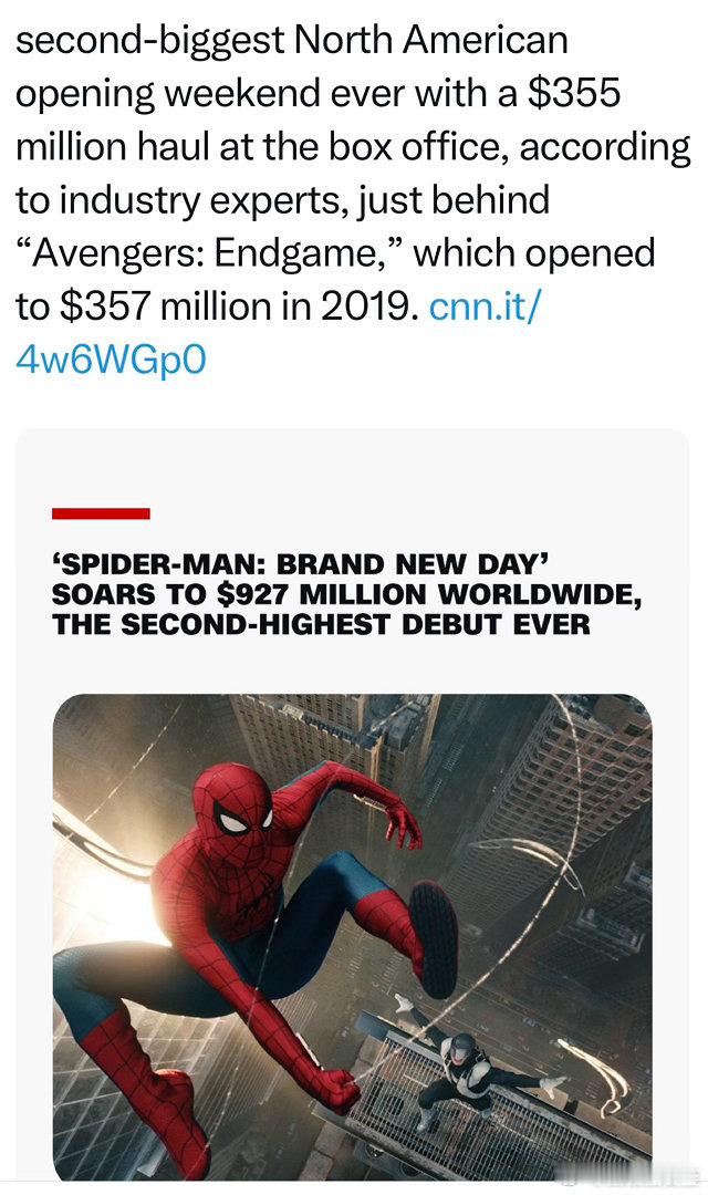 新Spider-Man首映周末的北美票房：$3.55亿，史上第二高纪录是Aven