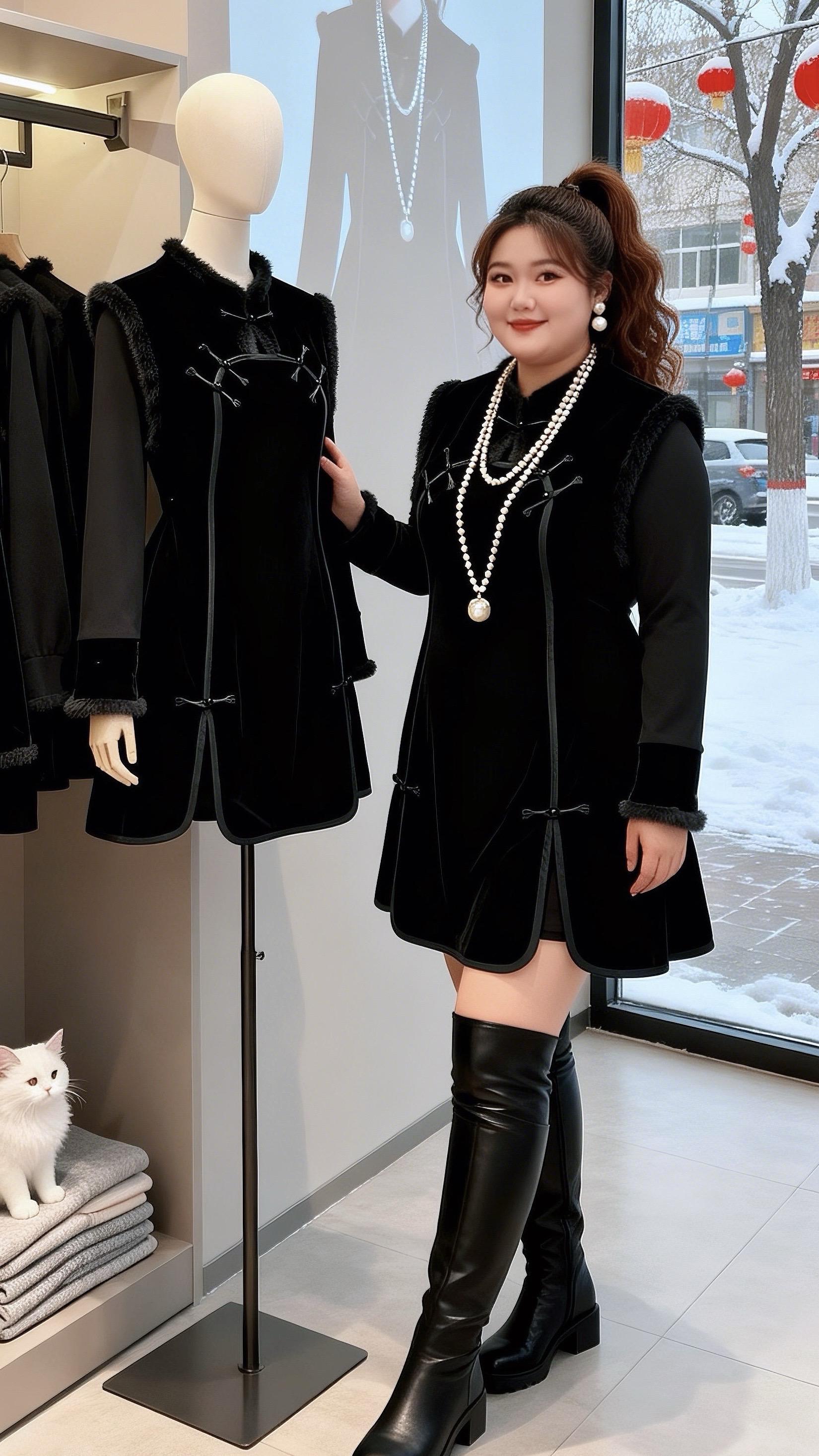 大码女装 新中式穿搭 旗袍裙让人眼前一亮的跨年约会穿搭脱下外套也体面的秋冬内搭