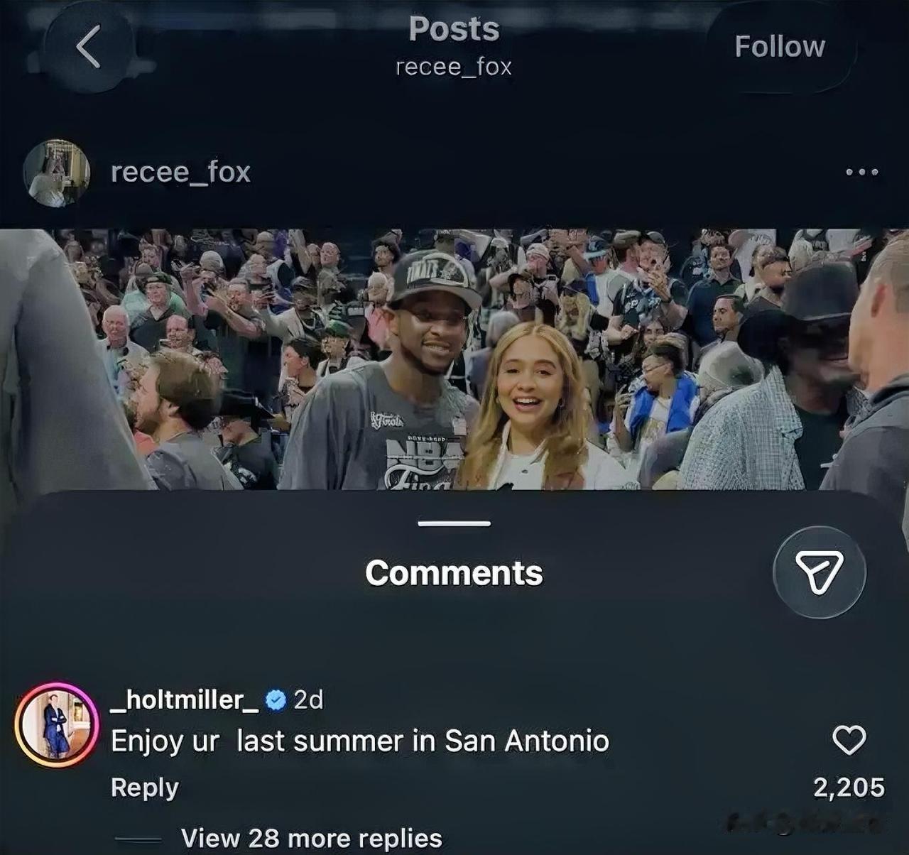马刺老板儿子社媒喊话福克斯妻子：享受在圣城的最后一夏！

NBA总决赛落幕刚两天