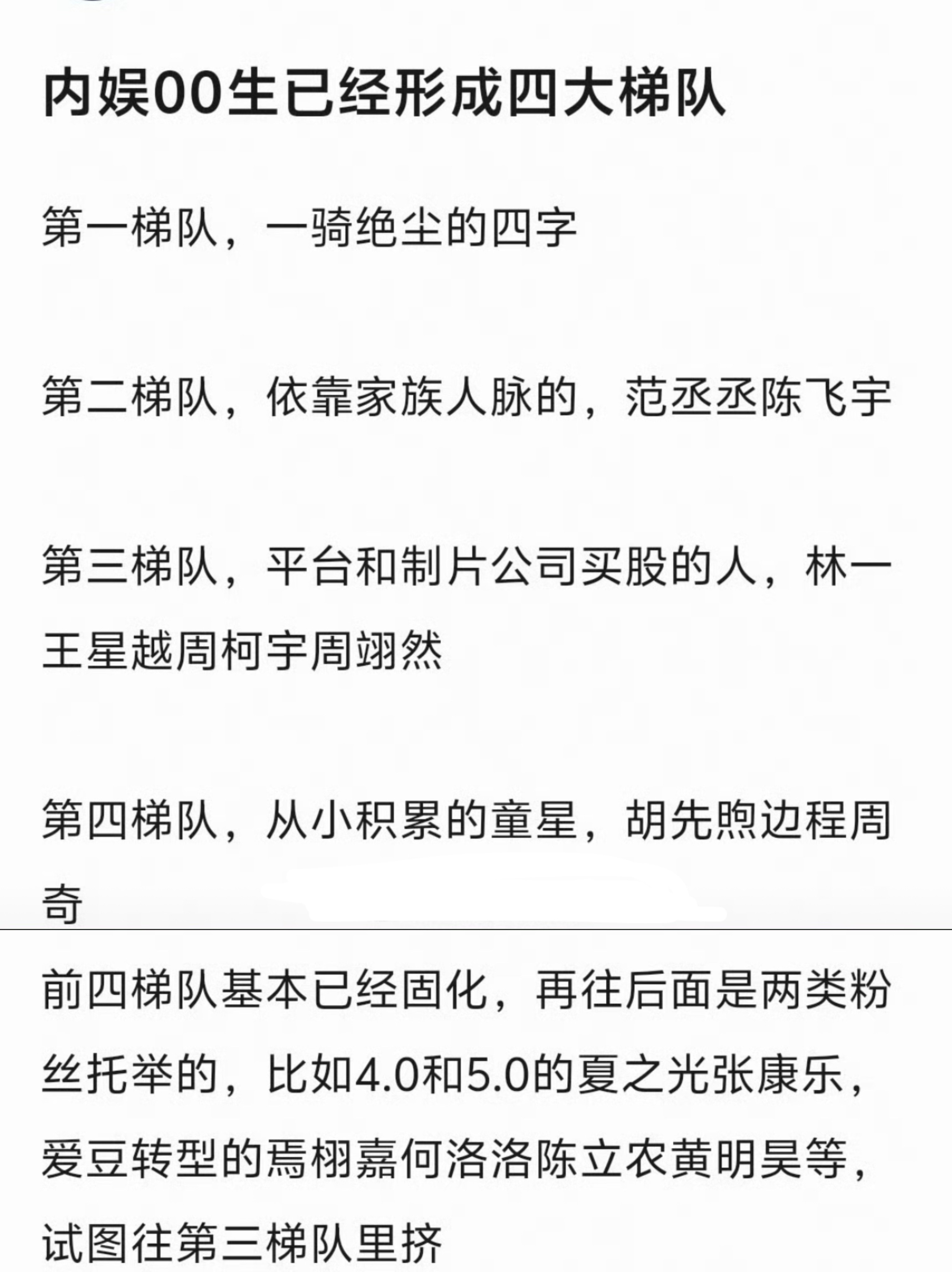 网友总结的00生四大梯队，你们怎么看？1.易烊千玺2.范丞丞 陈飞宇3.王星越 