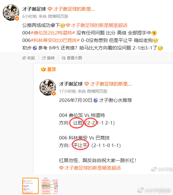 2026年7月31日⚽️才子谢心水推荐001 瓦勒伦加 Vs 汉坎方向：胜（2-