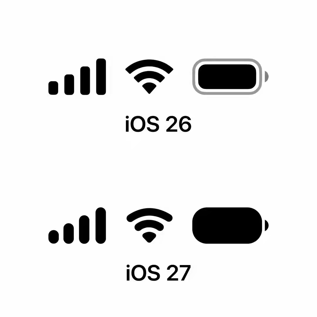 苹果iOS 27状态栏显示优化：图标更加圆润、电量改用无边框设计 