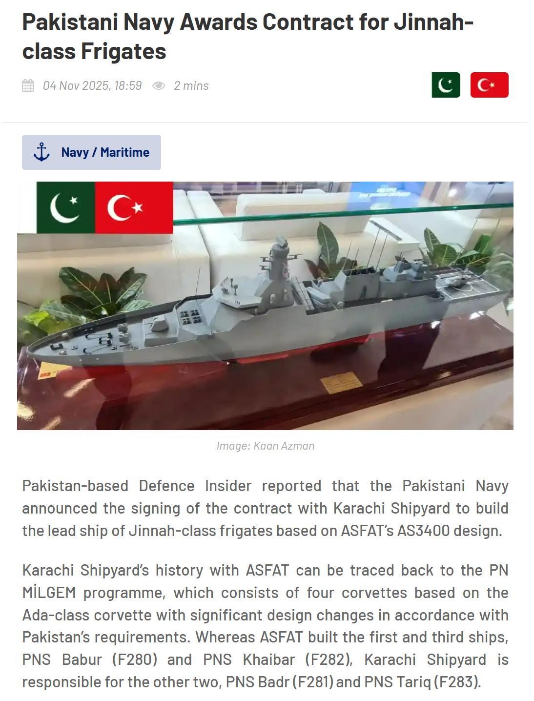 巴基斯坦海军与卡拉奇造船厂签约建造真纳级护卫舰[哆啦A梦微笑]真纳级设计将基于土