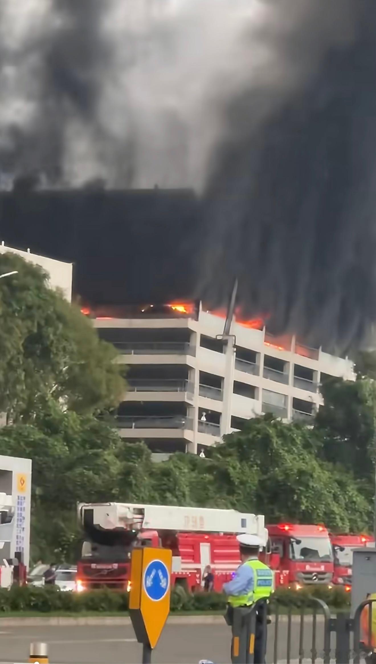 比亚迪公司起火我擦，火势看起来还不小，现场浓烟滚滚，据说着火的是一个立体车库，昨