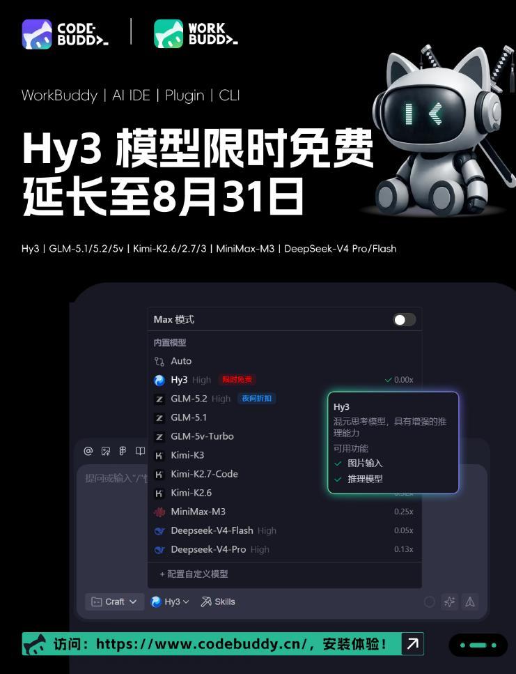 CodeBuddy与WorkBuddy延长Hy3模型免费体验活动至8月31日
 