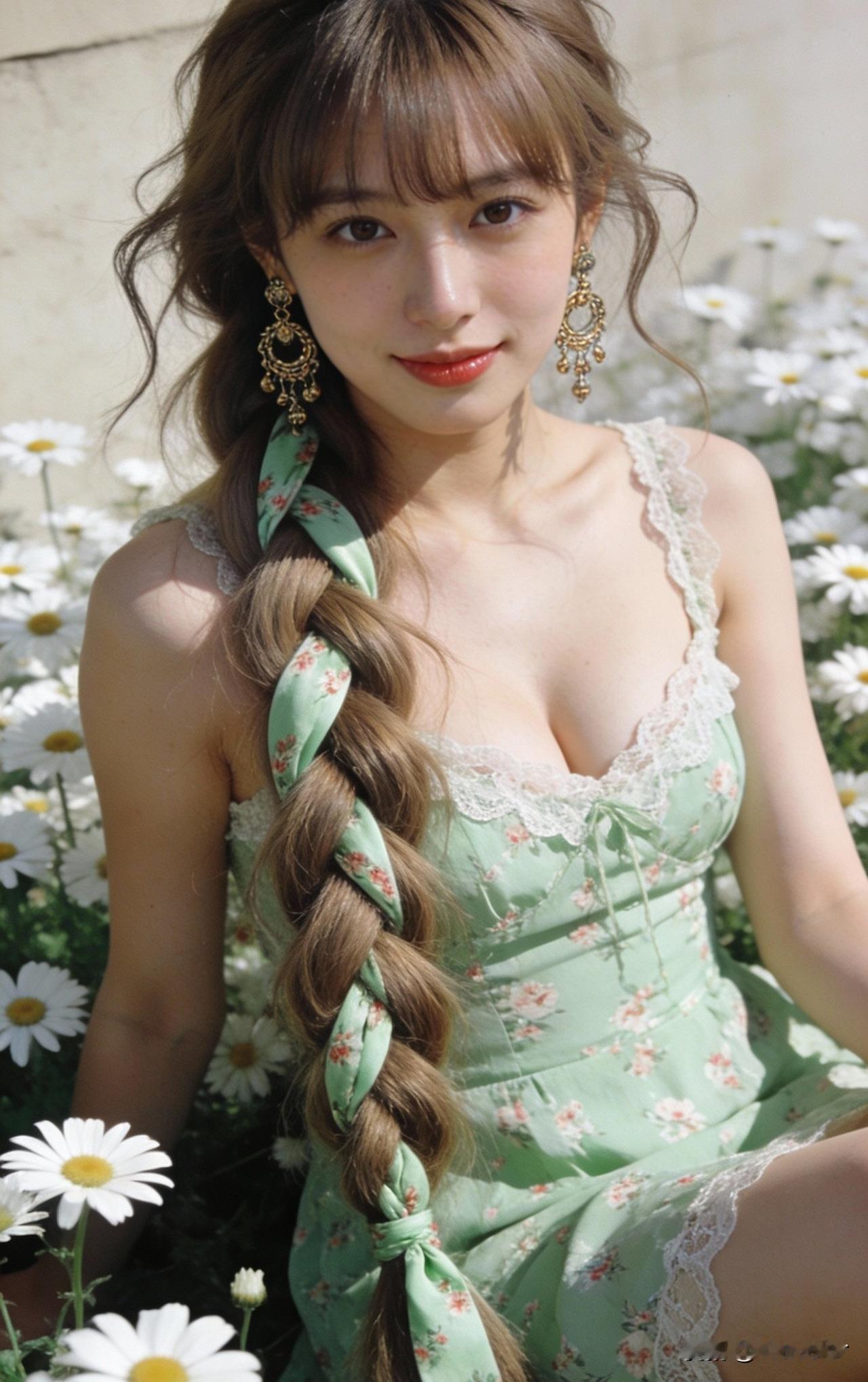 夏日花海中的甜美少女，轻盈的裙摆随风飘扬，仿佛置身于童话世界。