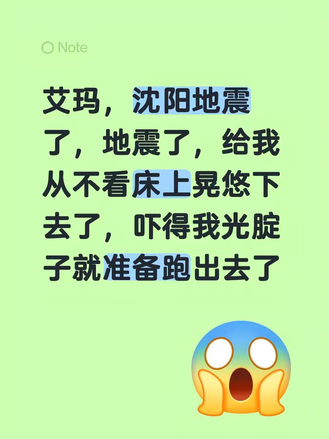 艾玛，沈阳地震了，地震了，给我从不看床上晃悠下去了，吓得我光腚子就准备跑出去了