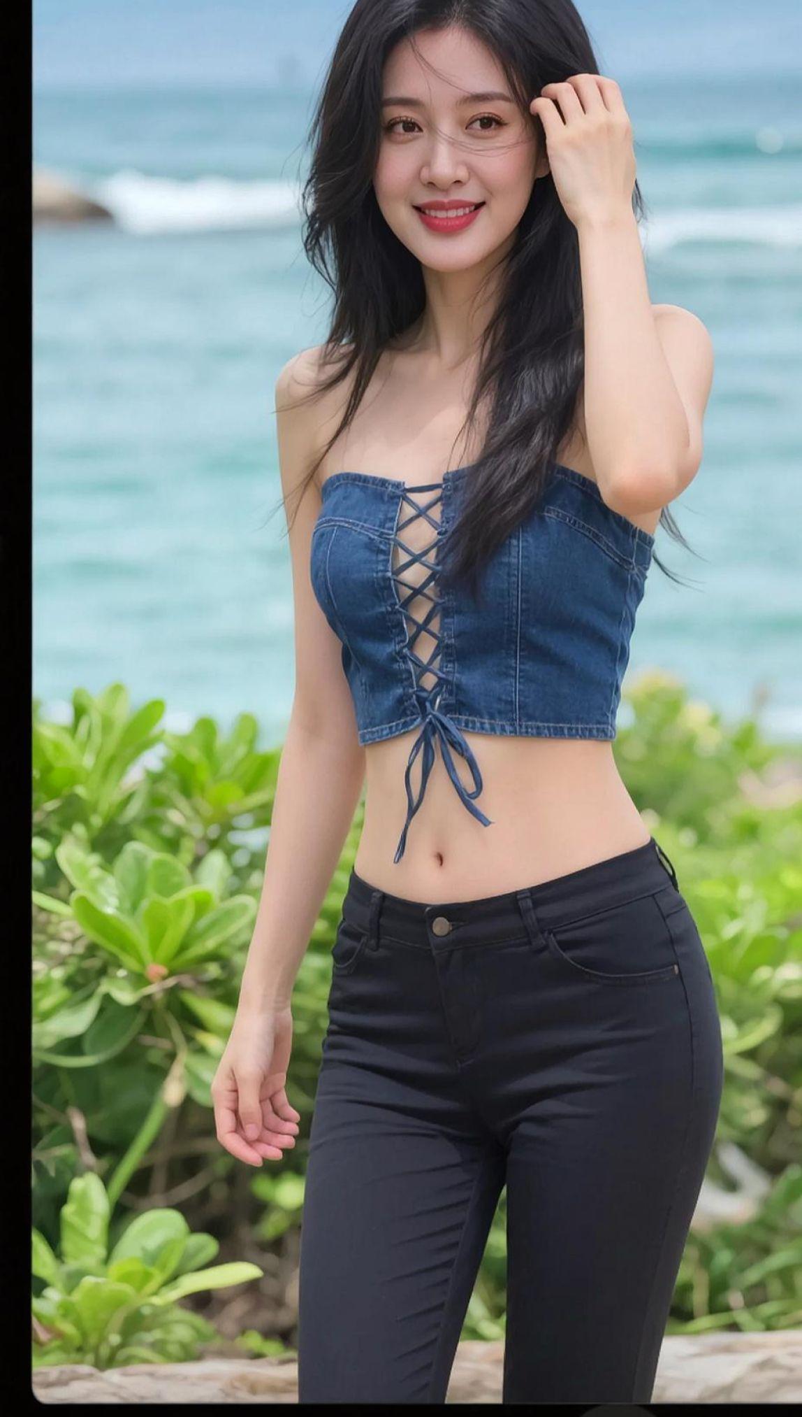 AI海滨辣妹照 抖音ai创作 风景秀丽自然美景 甜美女孩穿搭 女生写真