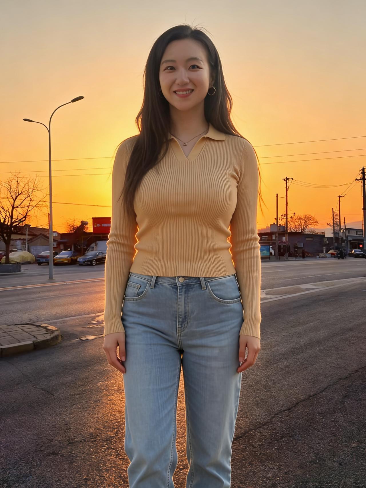 晚云把橘色揉碎了
洒在街面的沥青上
她站成一截温柔的灯杆
针织衫兜住半捧夕阳
 