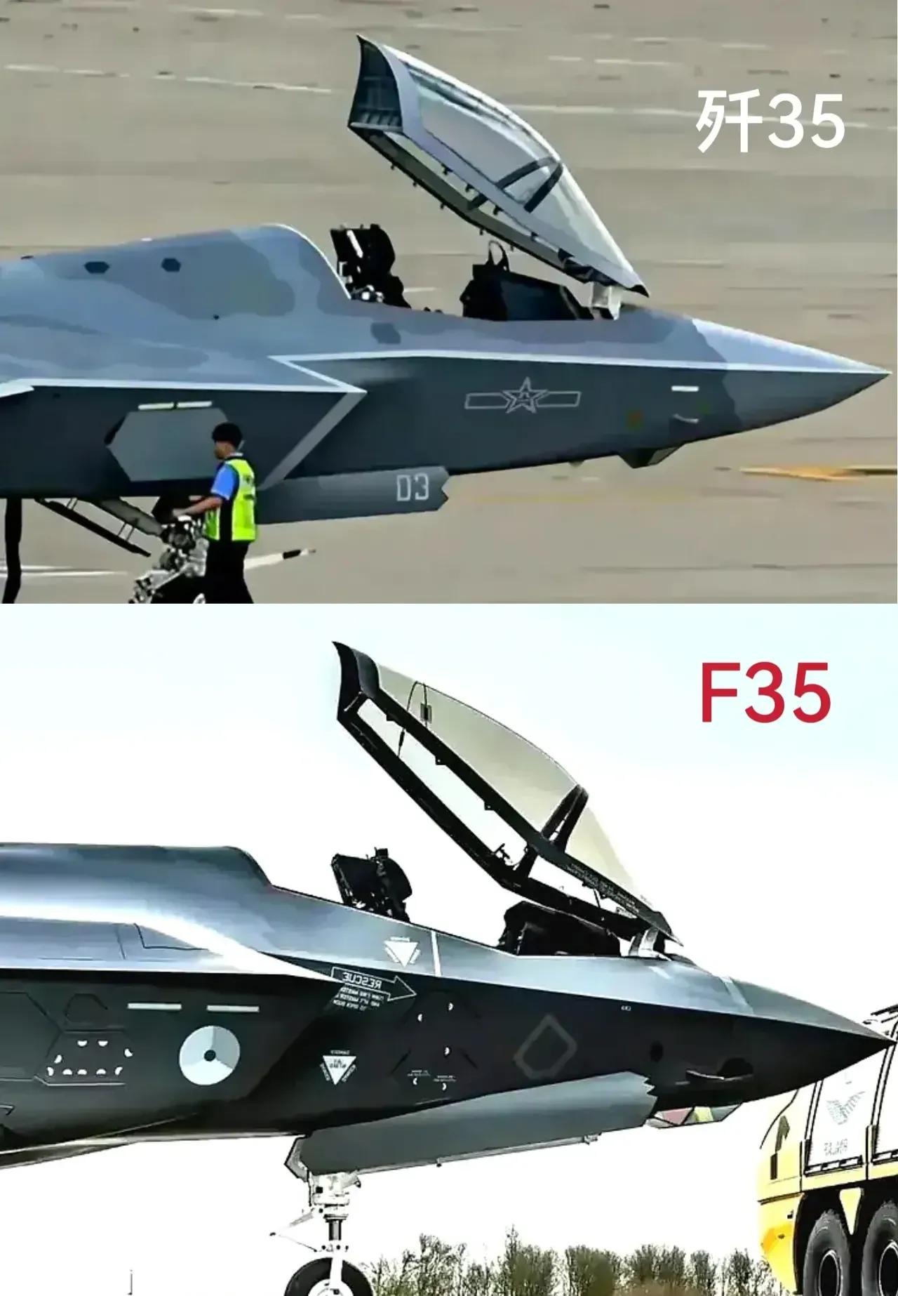 歼-35和F-35的头部特写！
F-35的头部装有‘军团’光电吊舱，号称可以发现