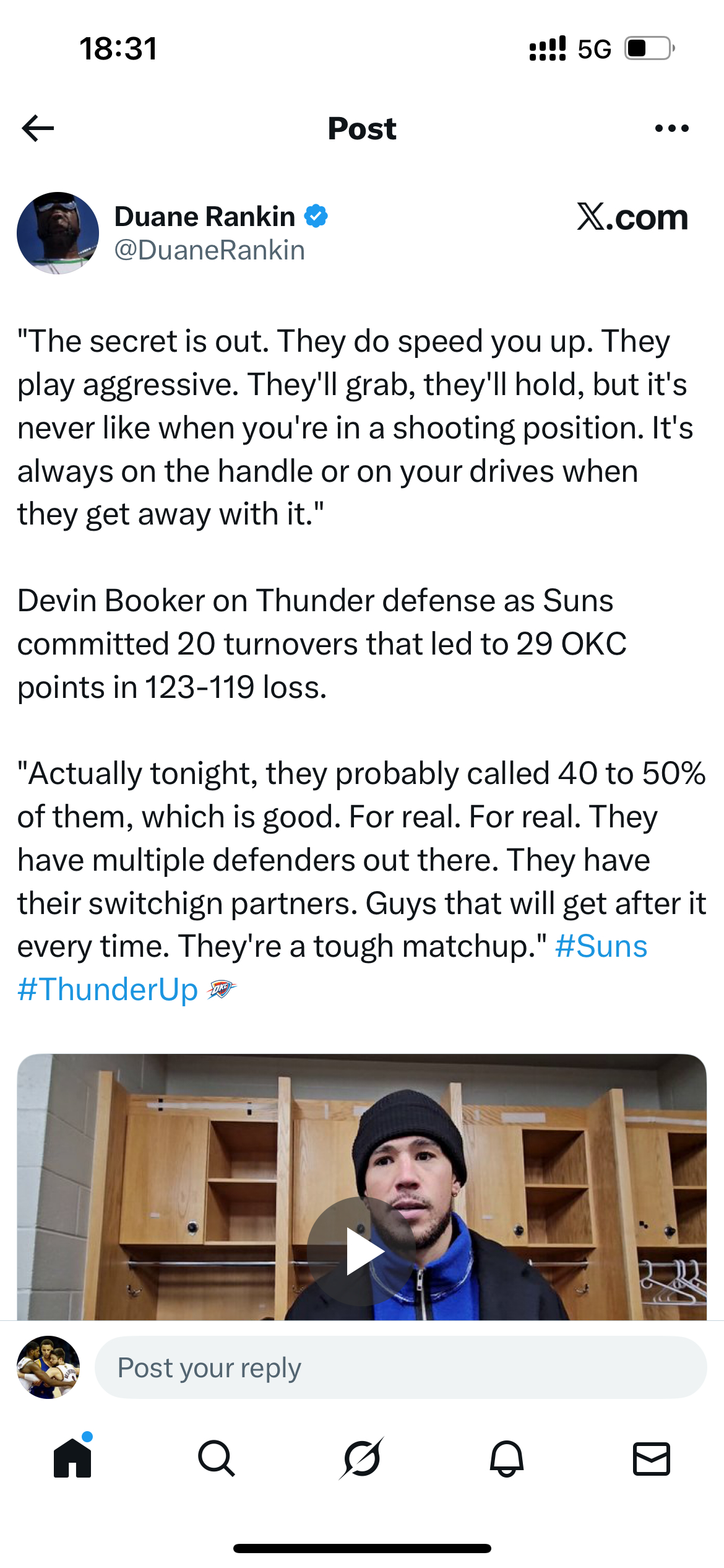 德文·布克（Devin Booker）谈论雷霆队的防守，因为太阳队在以 123-