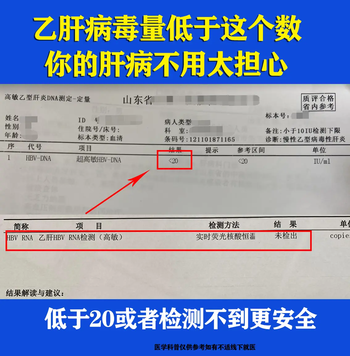 乙肝患者抗病毒治疗一年以上，若 HBV DNA ＜20或检测不到，说明...