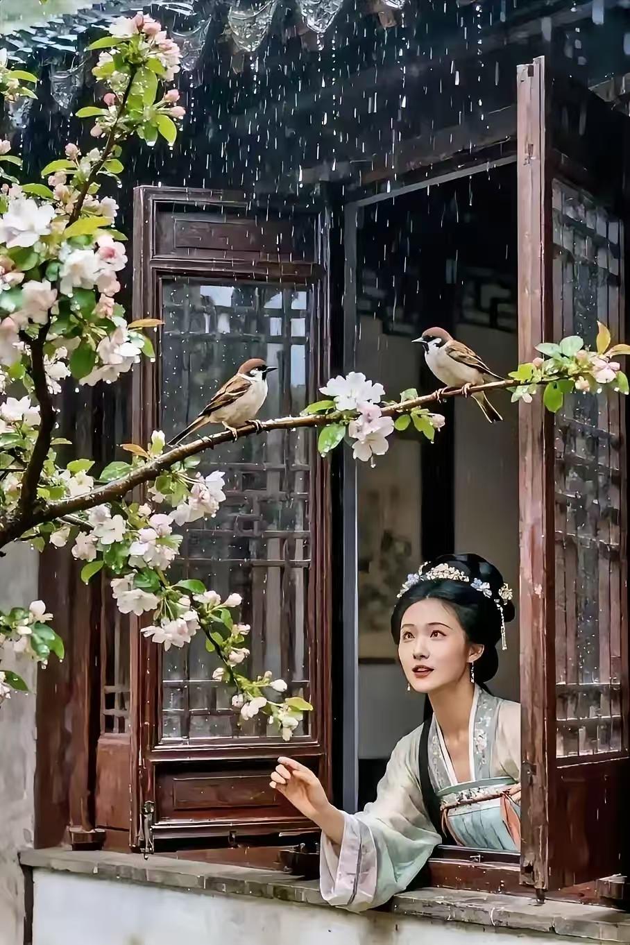 天净沙·观雨赏春
柔丝暗洒海棠，
双禽对语窗旁，
倩女凝眸远望。
春风荡漾，
悠