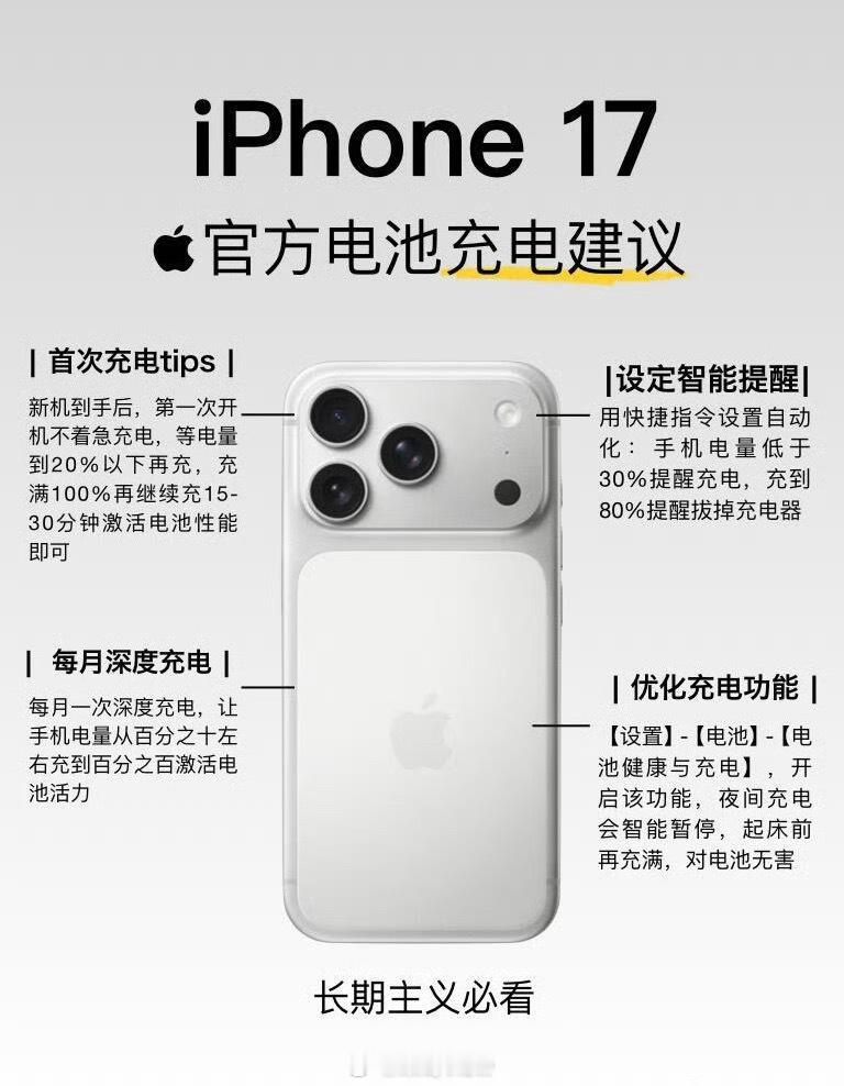 iPhone17官方电池充电建议，其实没这么麻烦，我都是随用随充，充满就拔，不过
