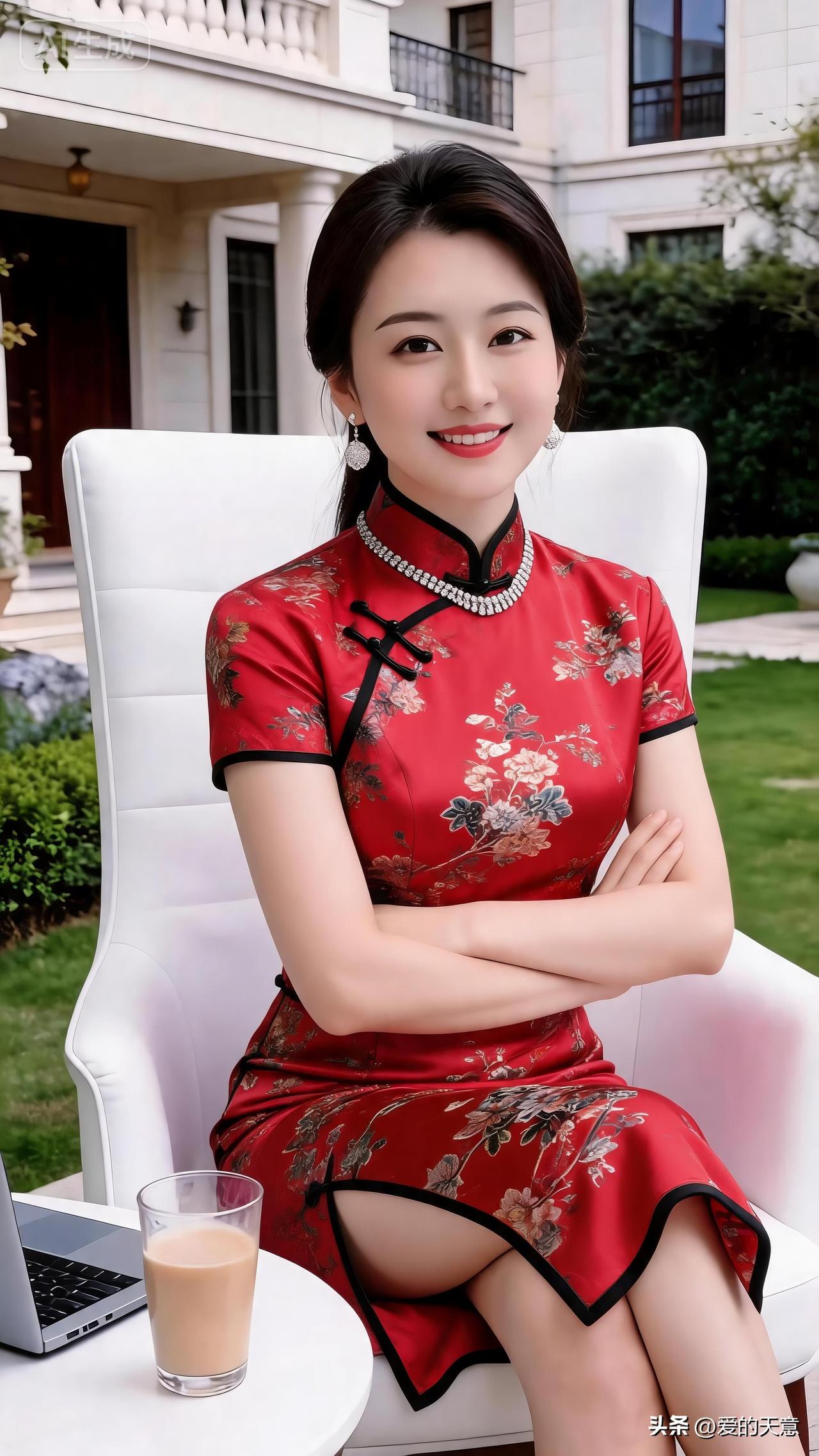 穿旗袍拍照有多美一袭红韵旗袍，将东方温婉韵味尽数展现。庭院闲坐，慢享惬意时光，传