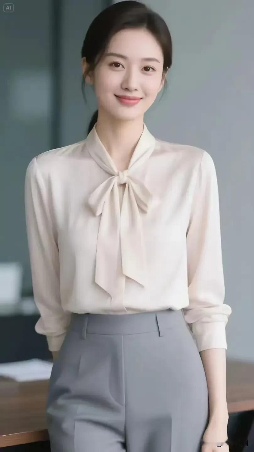 🎀 柔粉飘带衬衫配烟管裤，把职场里的温柔与利落平衡得刚好，笑意里藏着从容的底气