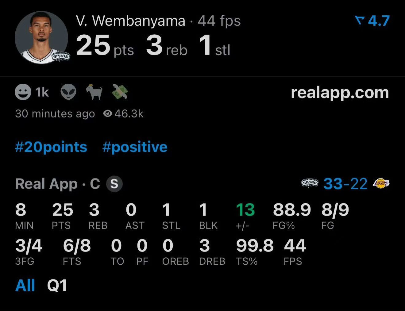 文班亚马八分钟砍下 25分