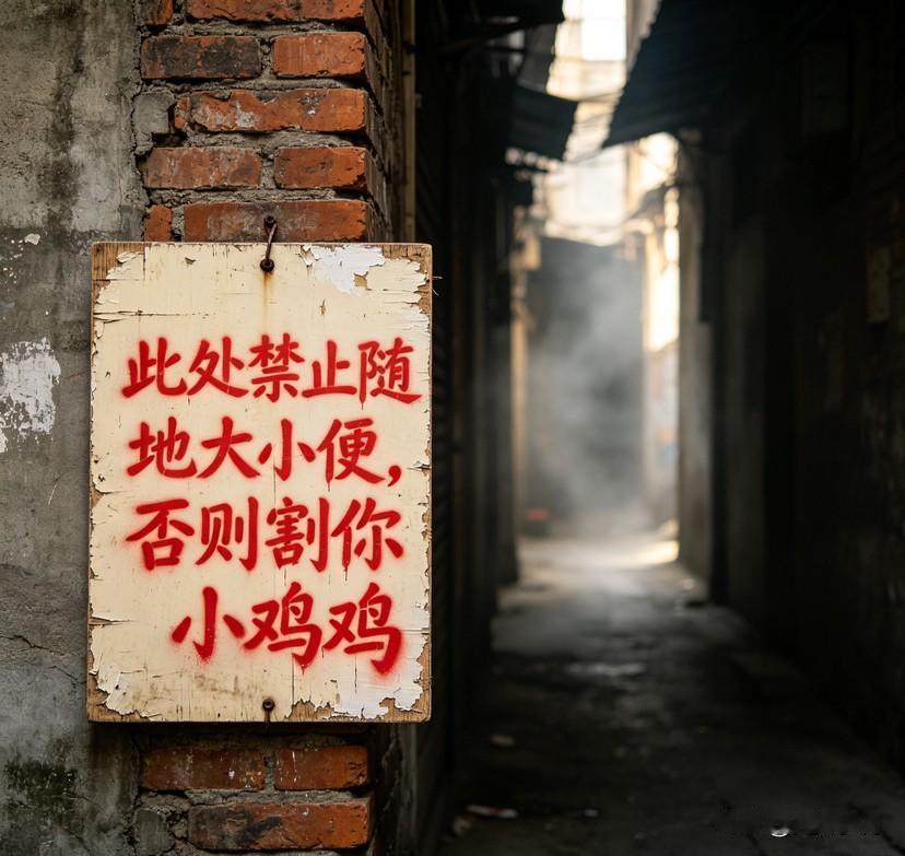 没有文绉绉的文明标语和虚伪客套，直接用一句直白粗犷的文字，守护着这条破旧小巷的体