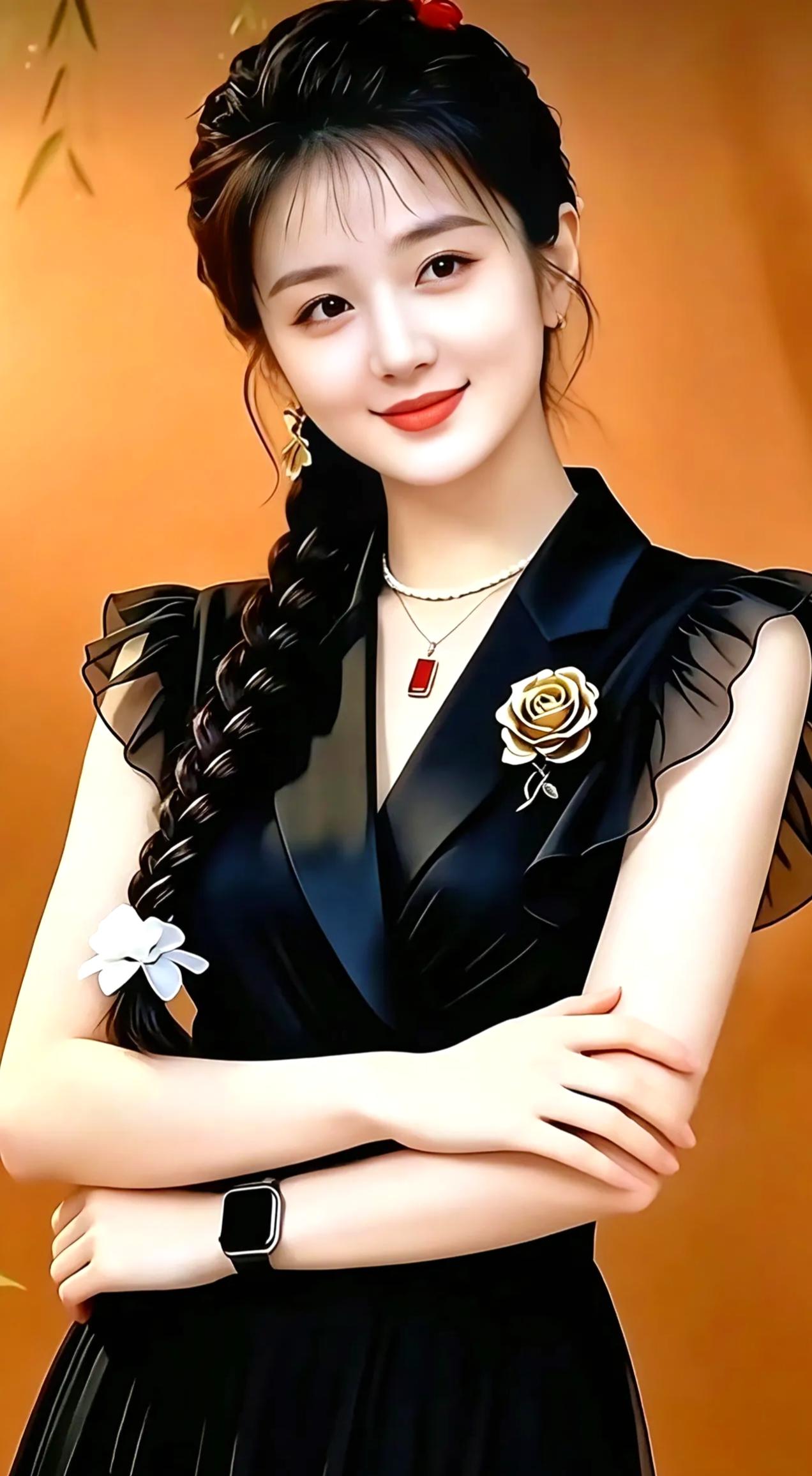 容姿静婉，辫发修长。
衣衫素净，笑靥轻扬。
身沐柔光，气韵留香。
静心而立，温婉