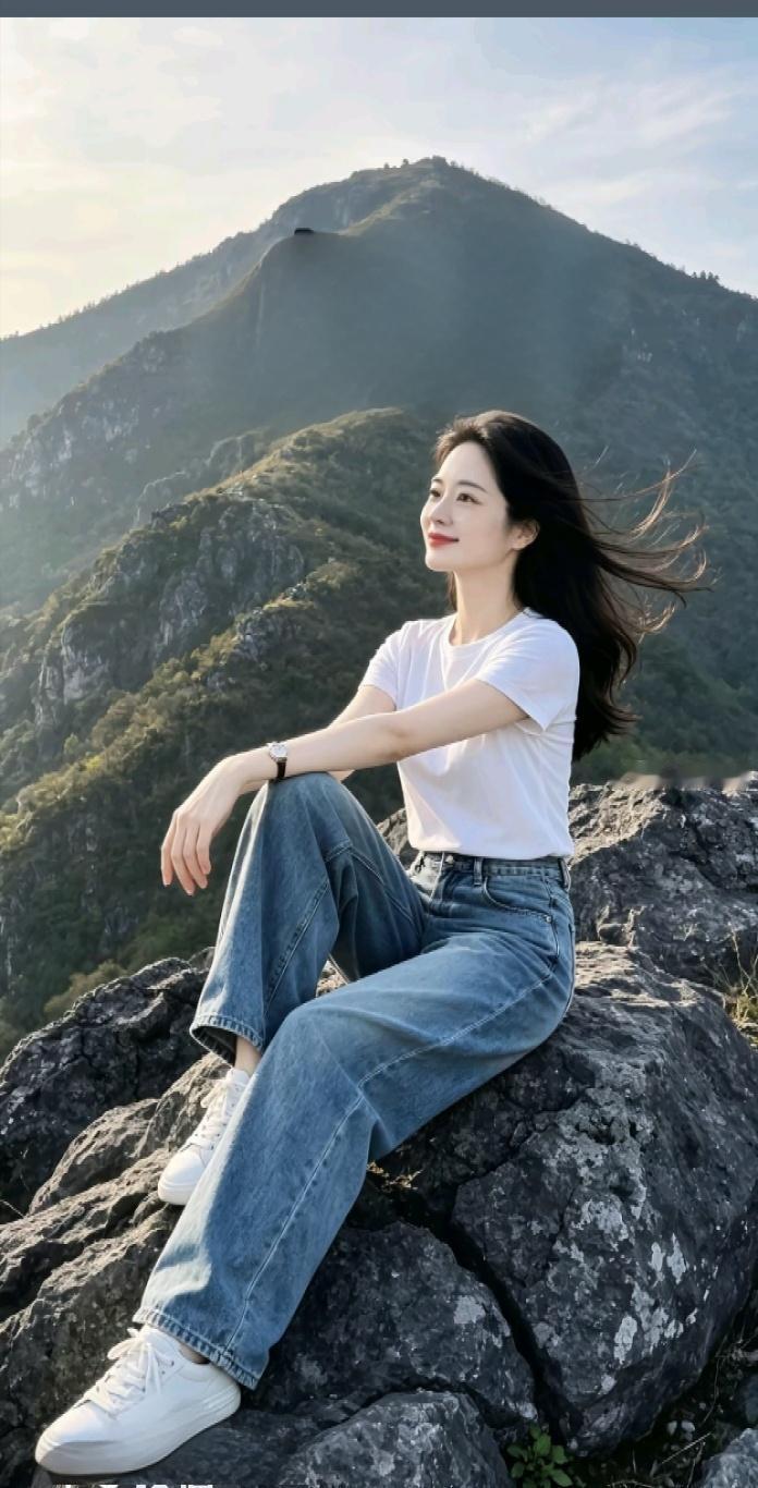 登顶山间坐在岩石上，温柔山风吹拂长发，满眼都是层叠青绿的山峦。循环单曲《山风替我