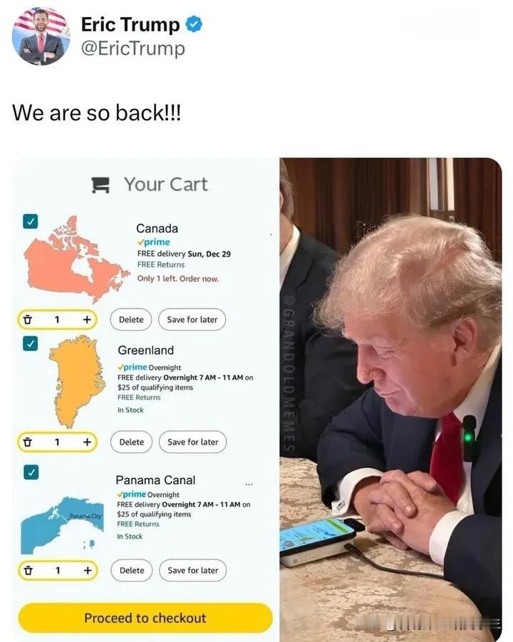 致美好的旧时光!特朗普购物清单:
加拿大---周日免费送货…
格陵兰岛---今天