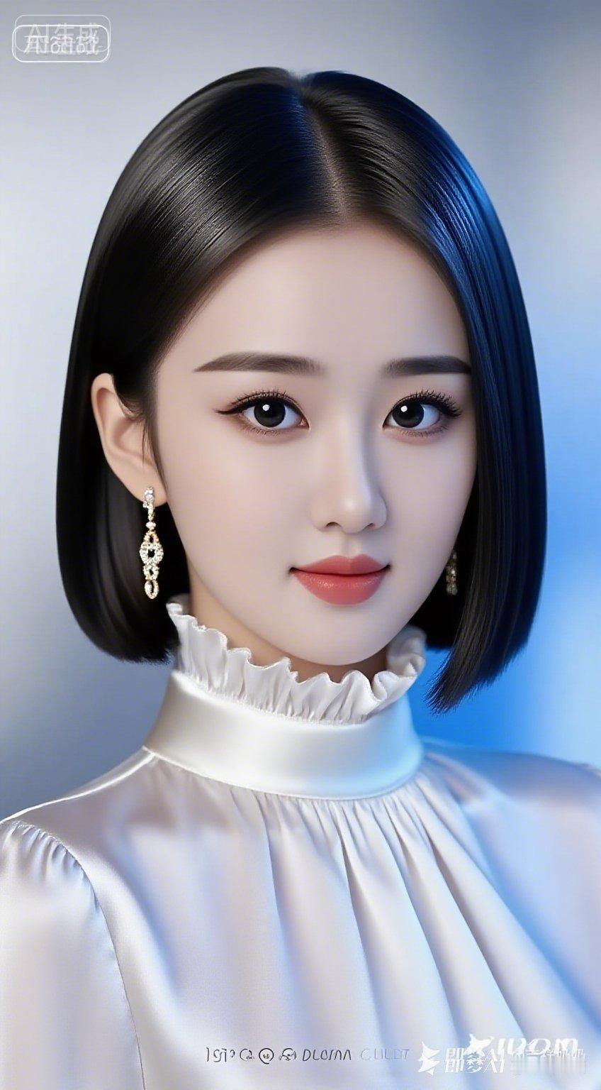 绝色佳人肤白貌美，气质优雅端庄，身材丰润优美。浅玫红唇配精致浓妆，着白色木耳边真