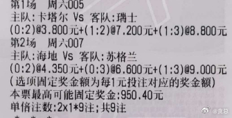贪总足球：2串：005 世界杯 卡塔尔vs瑞士让胜让平 0-2 1-2 1-30
