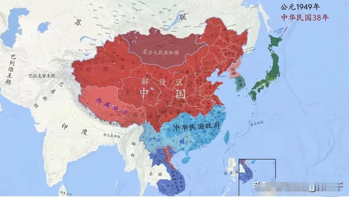 当年美、苏最乐见的一张地图：长江以北是中华人民共和国、长江以南是中华民国、蒙古独