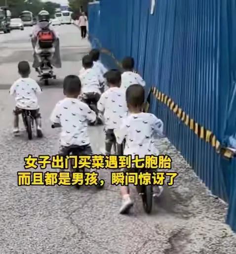 北京街头的惊人一幕：七胞胎男孩与他们的父亲。

9 月 3 日，阳光洒落在北京的