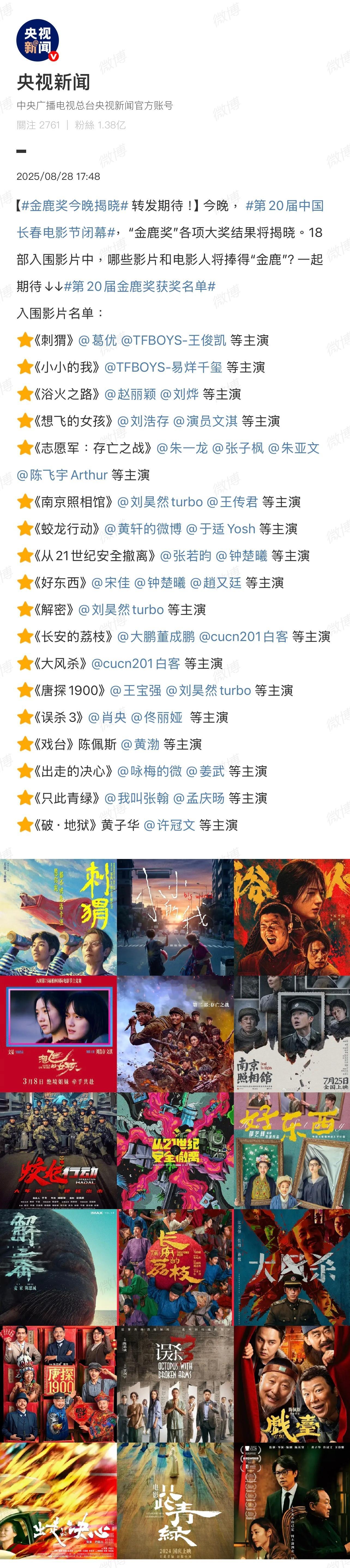 你们看好哪部作品拿奖？[思考][思考][思考]金鹿奖今晚揭晓 ​​​