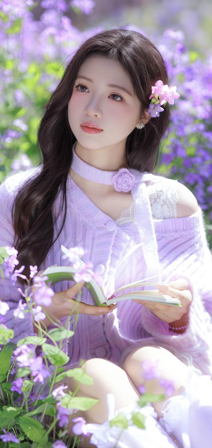 这张图片展现了一位年轻女性置身于一片紫色花海中的场景，整体氛围宁静而梦幻，充满春