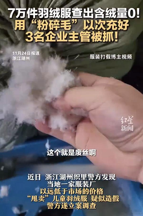7万件羽绒服含绒量0企业主管被抓  造假售假，必须重罚，不论什么行业。 